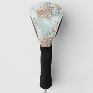 Soft Aqua Ocean Shell Botanical Pattern Golf Head Cover
