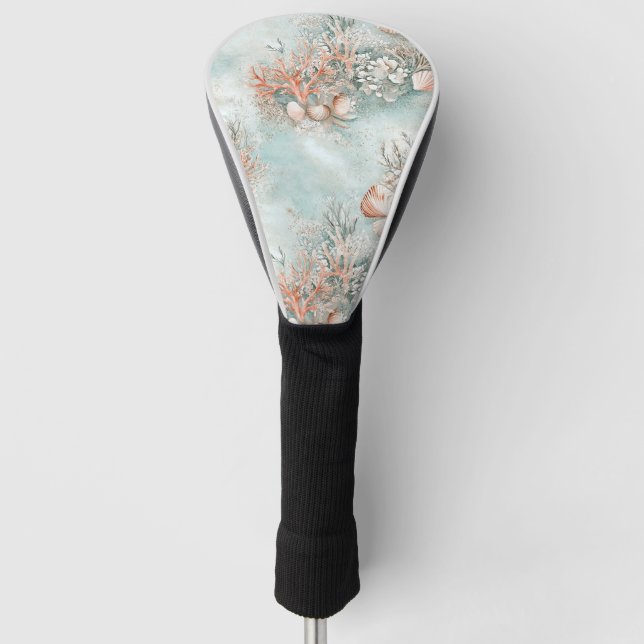 Soft Aqua Ocean Shell Botanical Pattern Golf Head Cover (Front)
