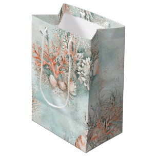 Soft Aqua Ocean Shell Botanical Pattern Medium Gift Bag