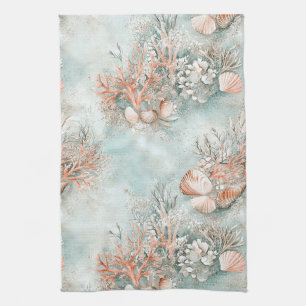 Soft Aqua Ocean Shell Botanical Pattern Tea Towel