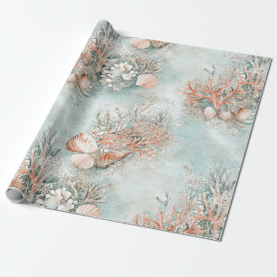 Soft Aqua Ocean Shell Botanical Pattern Wrapping Paper