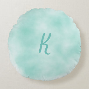 Soft Aqua Watercolor Monogram Round Pillow