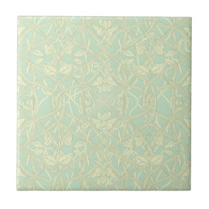Soft Art Nouveau Botanical Lattice in Mint Blue Ceramic Tile