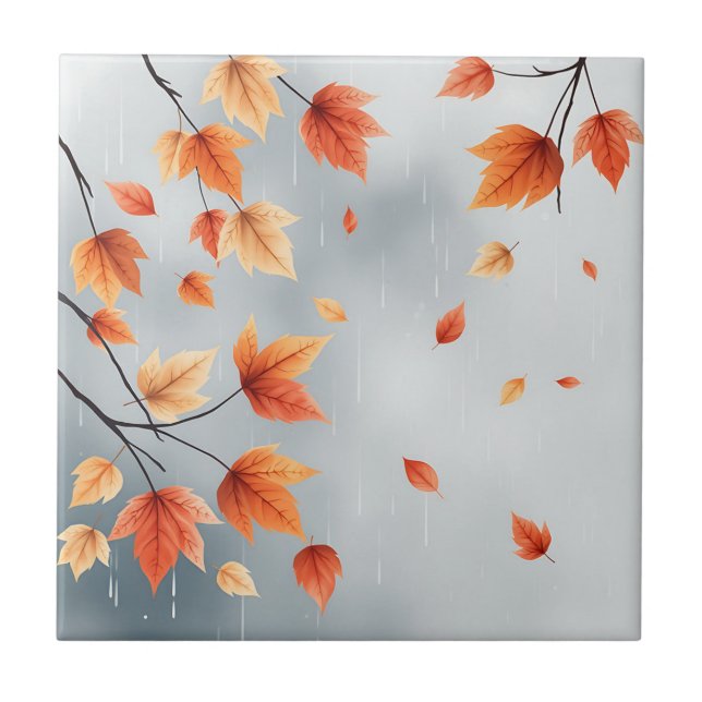 Soft Autumn Leaves with Raindrops Ceramic Tile (Front)