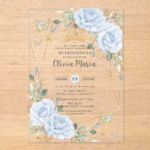 Soft Baby Blue Floral Butterflies Gold Quinceanera Acrylic Invitations