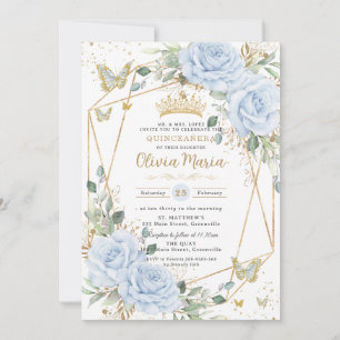 Soft Baby Blue Floral Butterflies Gold Quinceanera Invitation