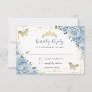 Soft Baby Blue Floral Gold Quinceañera Butterflies RSVP Card