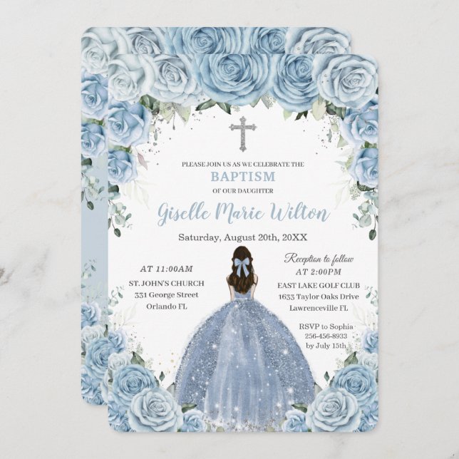 Soft Baby Blue Floral Roses Girl Silver Baptism  Invitation (Front/Back)