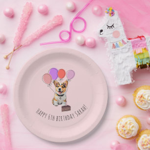 Soft Baby Blush Pink Corgi Birthday Customisable Paper Plate