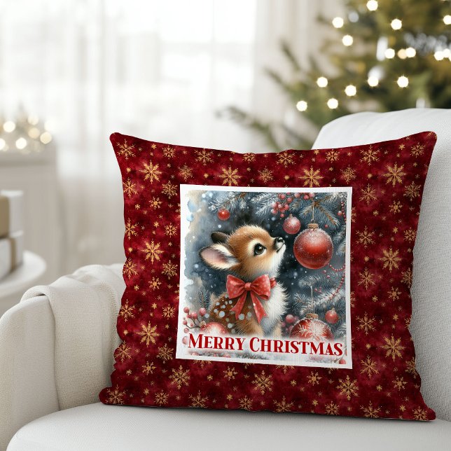 Soft baby fawn winter scene snowy forest kids room cushion (Soft baby fawn winter scene snowy forest kids room decor)
