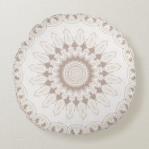 Soft Beige and White Mandala Medallion Round Cushion