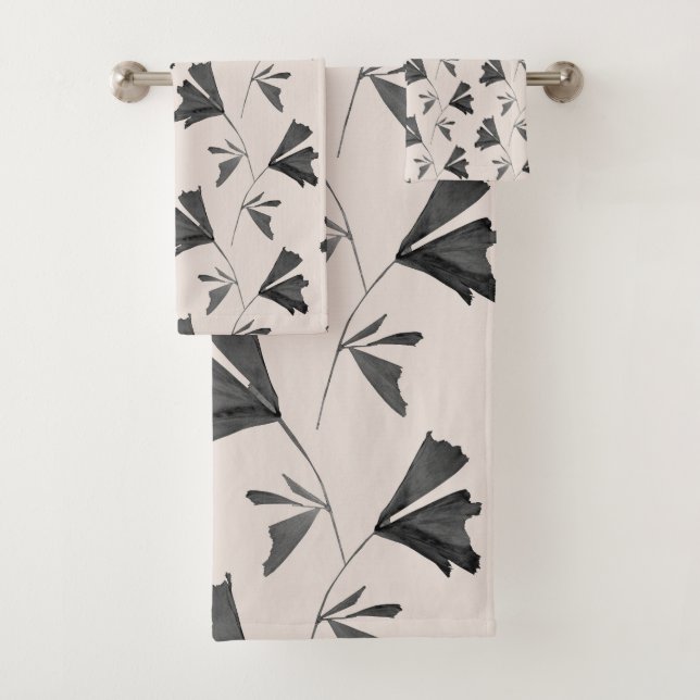 Soft Beige Black Fishtail Palm Pattern 1 Bath Towel Set (Insitu)
