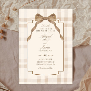 Soft beige brown bow tartan plaid wedding invitation