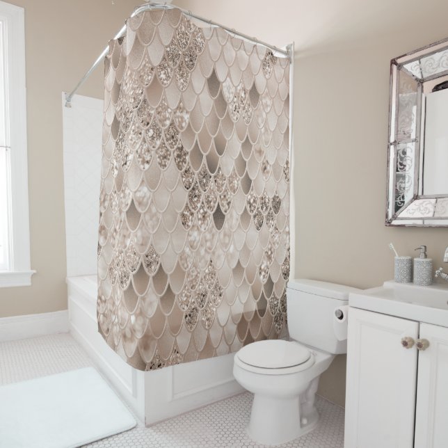 Soft Beige Brown Mermaid Scales Glam 1 Shower Curtain (In Situ)