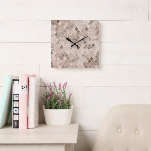 Soft Beige Brown Mermaid Scales Glam 1 Square Wall Clock