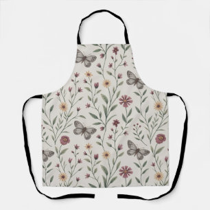 Soft Beige Butterfly & Wildflower Seamless Pattern Apron