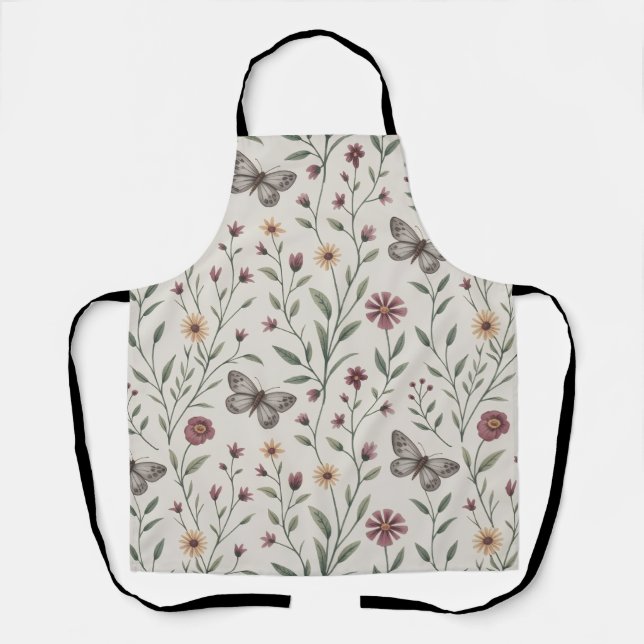 Soft Beige Butterfly & Wildflower Seamless Pattern Apron (Front)