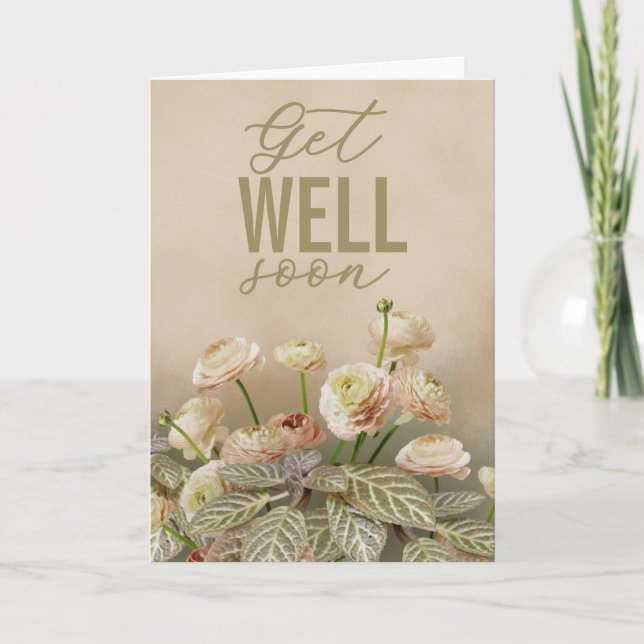 Soft Beige Floral Get Well Soon Personalized Card (Front)