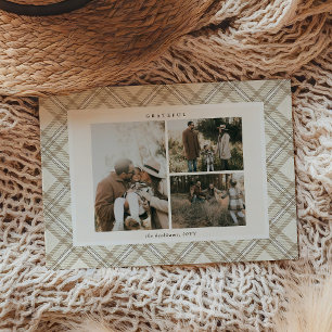 Soft Beige Gingham 'Grateful' Photo Holiday Card