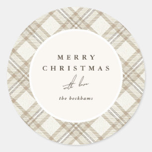 Soft Beige Gingham Merry Christmas Classic Round Sticker