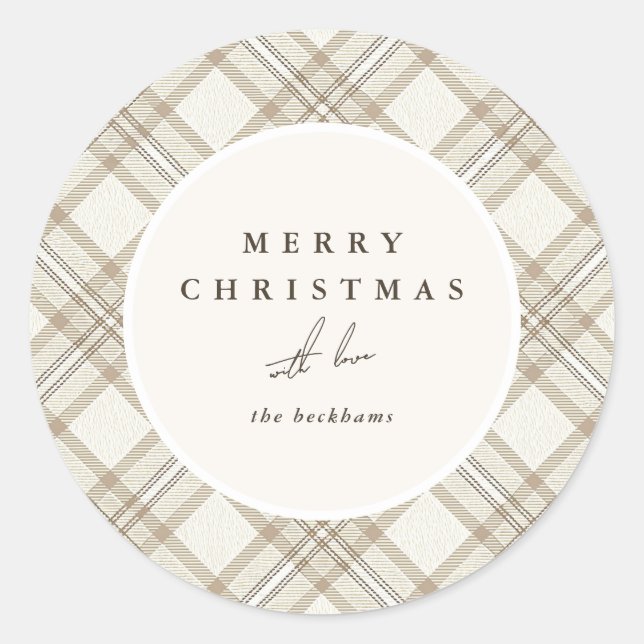 Soft Beige Gingham Merry Christmas Classic Round Sticker (Front)