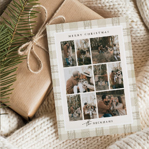 Soft Beige Gingham Photo Collage Holiday Card