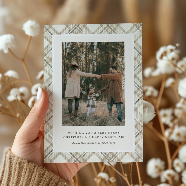 Soft Beige Gingham Photo Holiday Card (Creator Uploaded)