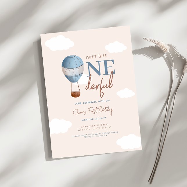 Soft Beige hot Air Ballon Onederful 1st Birthday  Invitation (Creator Uploaded)