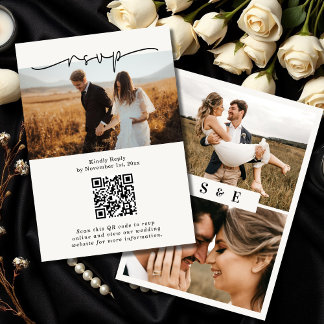 Soft Beige Minimalist Script QR code Photo Wedding RSVP Card