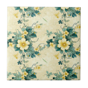 Soft Beige Teal Daisy Cottage Floral Ceramic Tile
