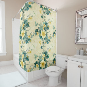 Soft Beige Teal Daisy Cottage Floral Shower Curtain