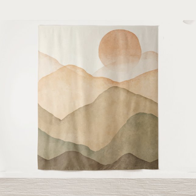 Soft Beige Watercolor Mountains Landscape Tapestry (Front)