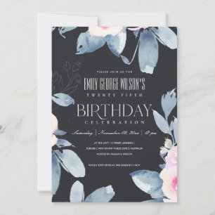 SOFT BLACK BLUSH BLUE FLORAL 25th ANY AGE BIRTHDAY Invitation