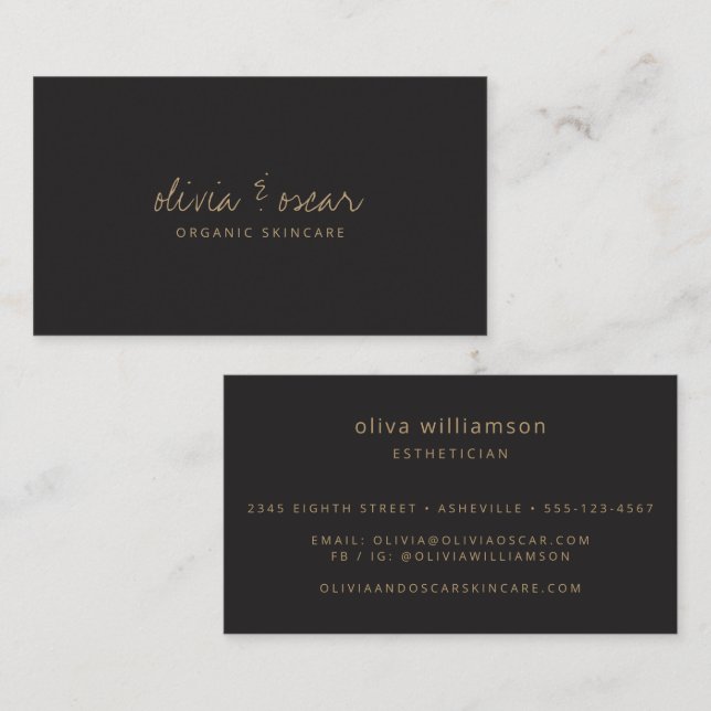 Soft Black Gold Script Skincare Aesthetician  Business Card (Front/Back)