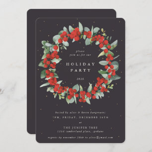 Soft Black Red Berries+Eucalyptus Christmas Party Invitation