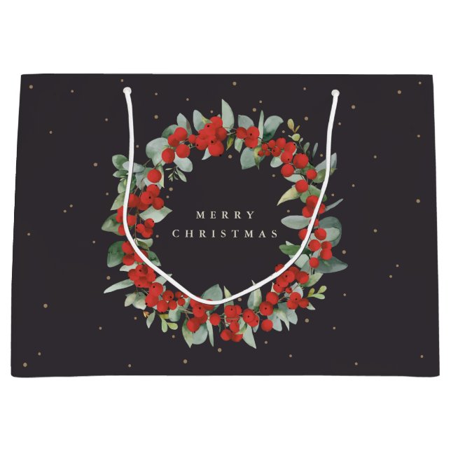 Soft Black Red Berry+Eucalyptus Christmas/Holiday Large Gift Bag (Front)