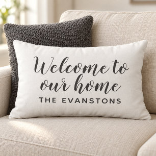 Soft Black Script Welcome to Our Home Lumbar Cushion