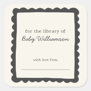Soft Black Whimsical Border Baby Library Bookplate Square Sticker
