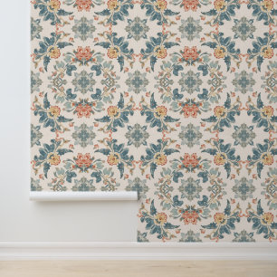 Soft Blue and Coral Watercolor Floral Wallpaper