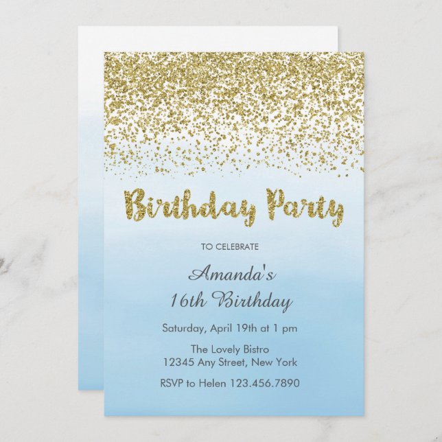 Soft Blue and Gold Birthday Invitation (Front/Back)