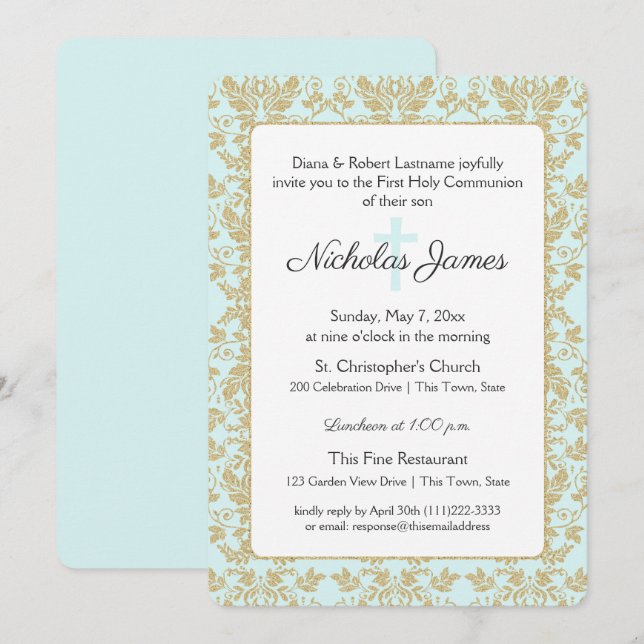 Soft Blue and Gold Damask First Communion Invitation (Front/Back)