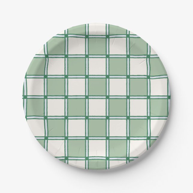 Soft Blue and Green Preppy Checkers Paper Plate (Front)