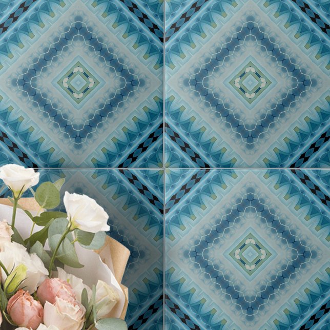 Soft Blue and Indigo Kaleidoscope Geometric Shapes Ceramic Tile (Creator Uploaded)