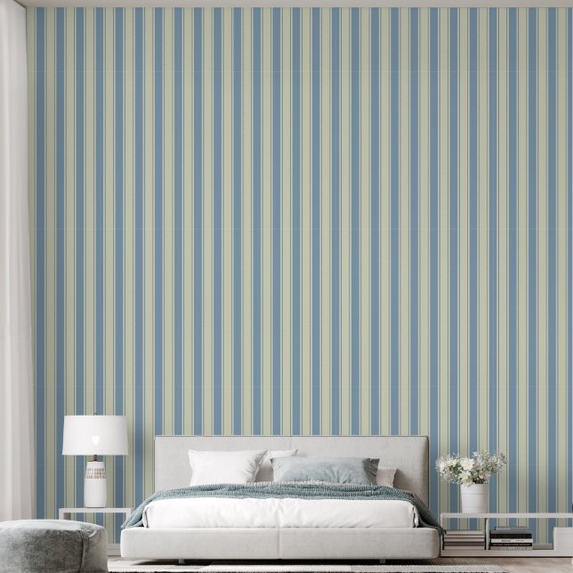 Soft blue and ivory ticking wallpaper (Bedroom)