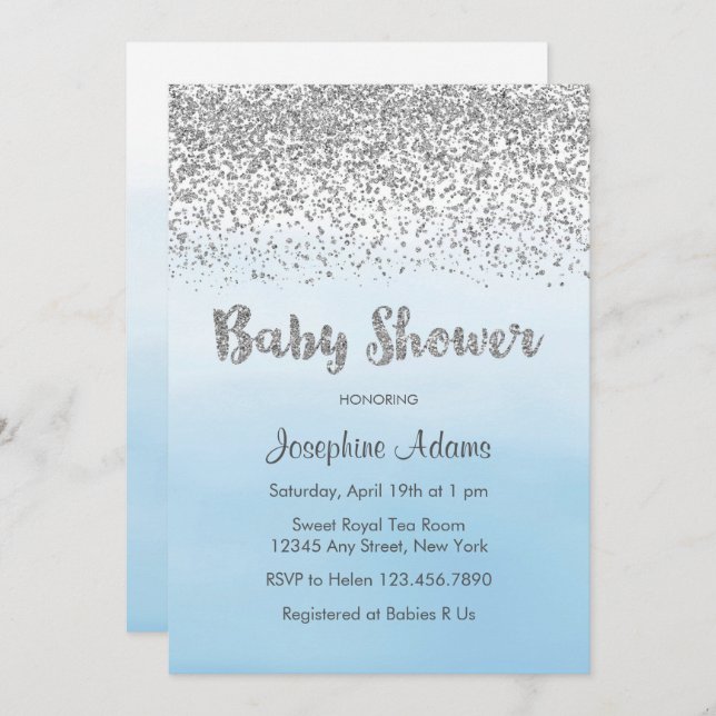 Soft Blue and Silver Baby Shower Invitation (Front/Back)