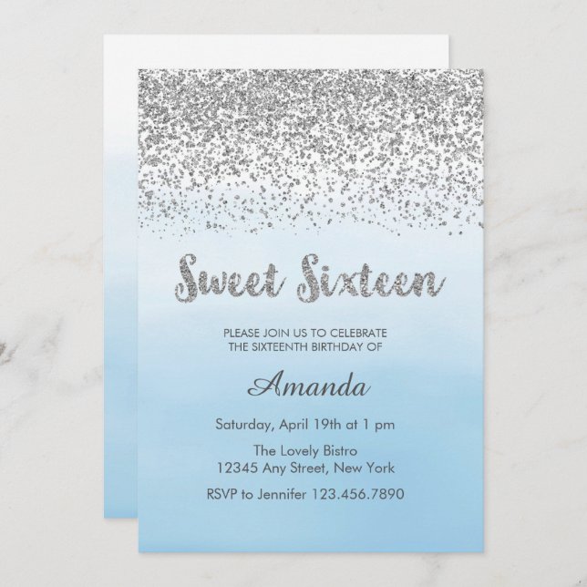Soft Blue and Silver Sweet 16 Birthday Invitation (Front/Back)