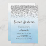 Soft Blue and Silver Sweet 16 Birthday Invitation<br><div class="desc">Sweet sixteen birthday invitation with faux silver glitter design and ombre blue watercolor background.</div>