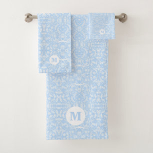 Soft Blue and White Botanical Monogrammed Bath Towel Set