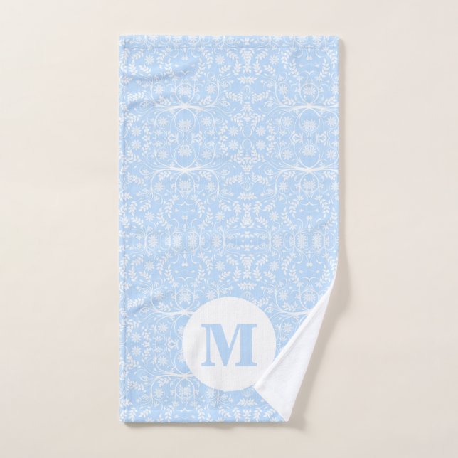 Soft Blue and White Botanical with Monogram Hand Towel (Hand Towel)