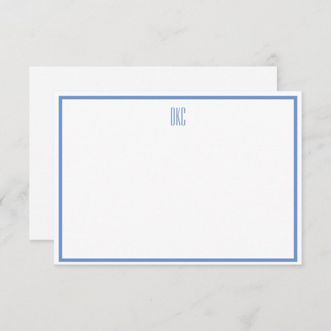 Soft Blue and White Monogrammed Flat Note Card (Front/Back)